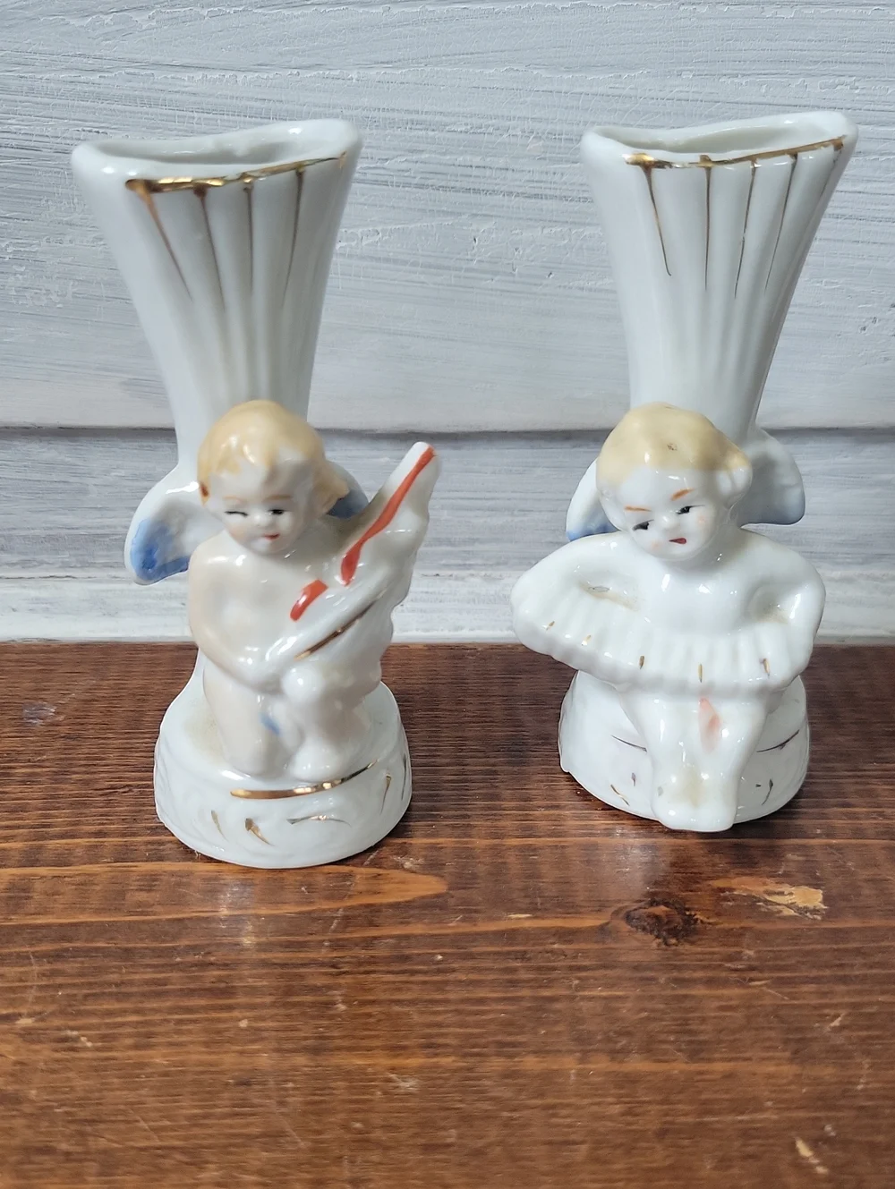 Vintage Mid Century Porcelain Cherub Angel Musician Bud Vases Japan